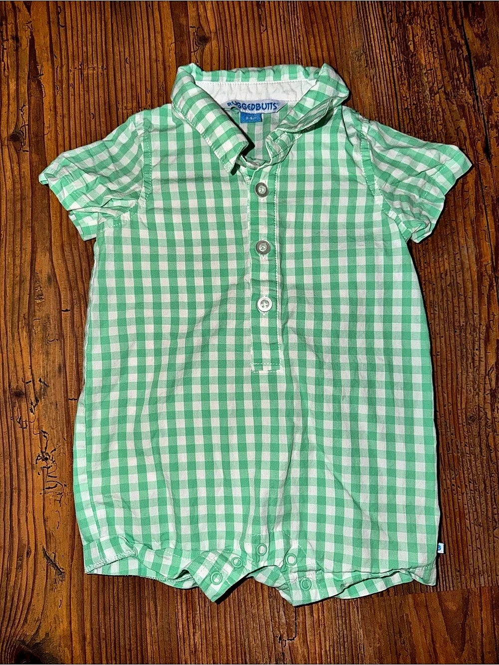 RuggedButts Gingham Short Sleeve Woven Romper Green & White Baby 3-6M